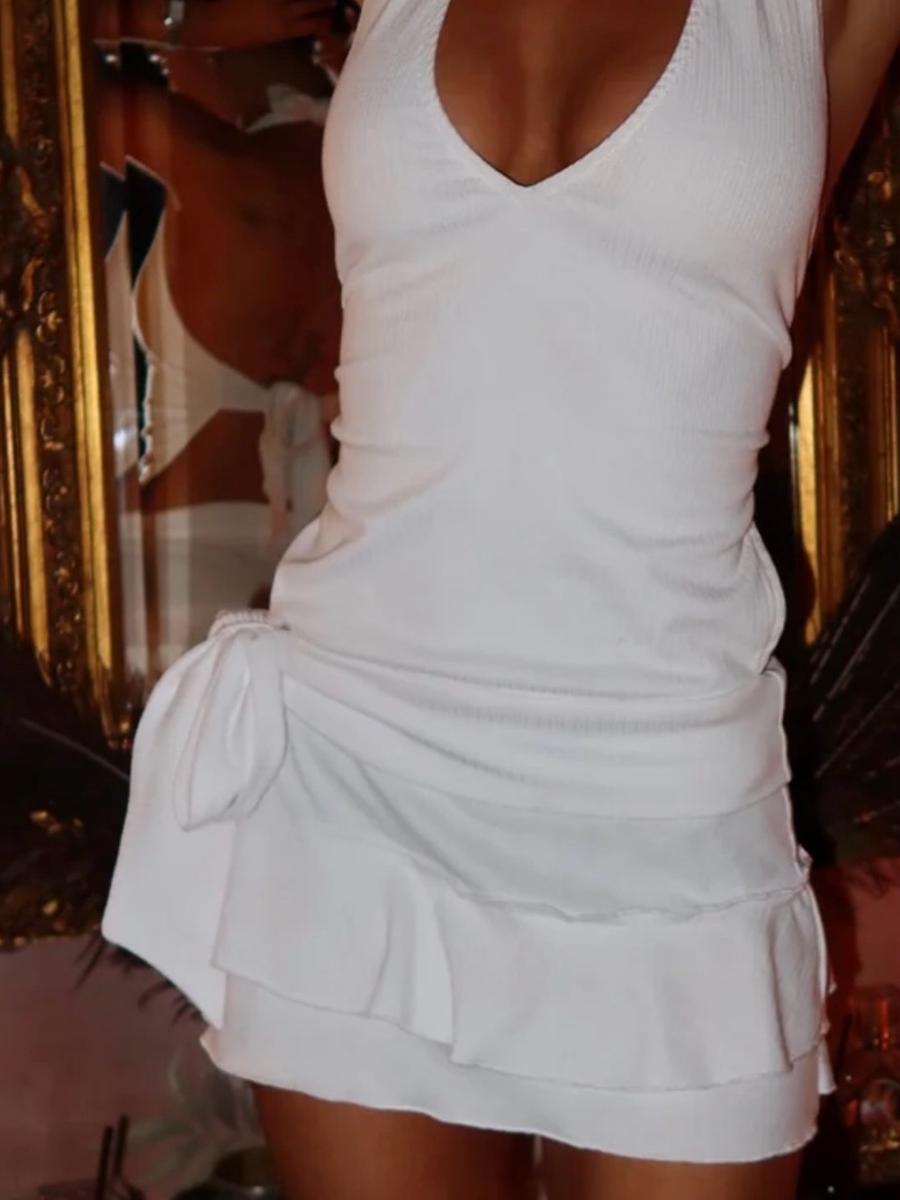 Ribbed White Halter Mini Dress with Side Tie NWT